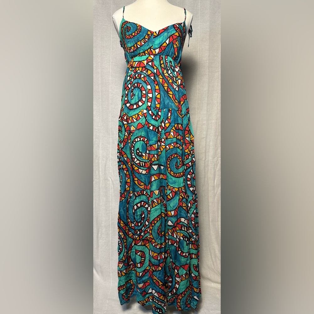 MAGARI‎ 100% Cotton Italy Geometric Vibrant Tie Strap Maxi Vacation Dress Size S